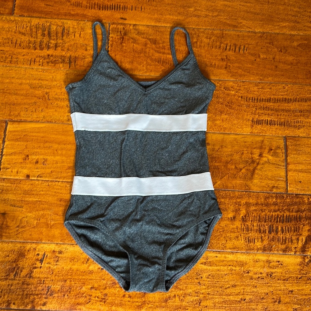 Grey with two white bands leotard. AXS